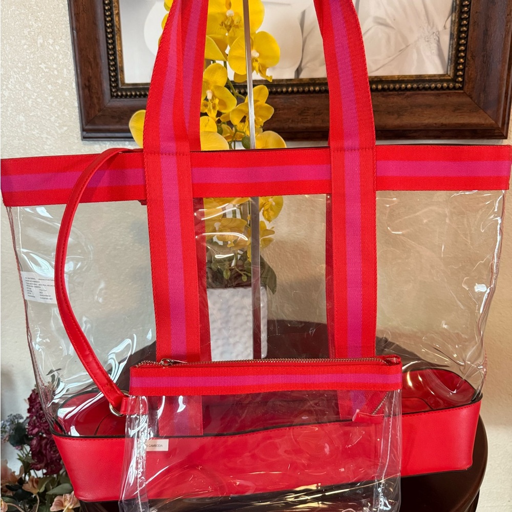 Beach Transparent Red Tote Bag with Pouch Euc